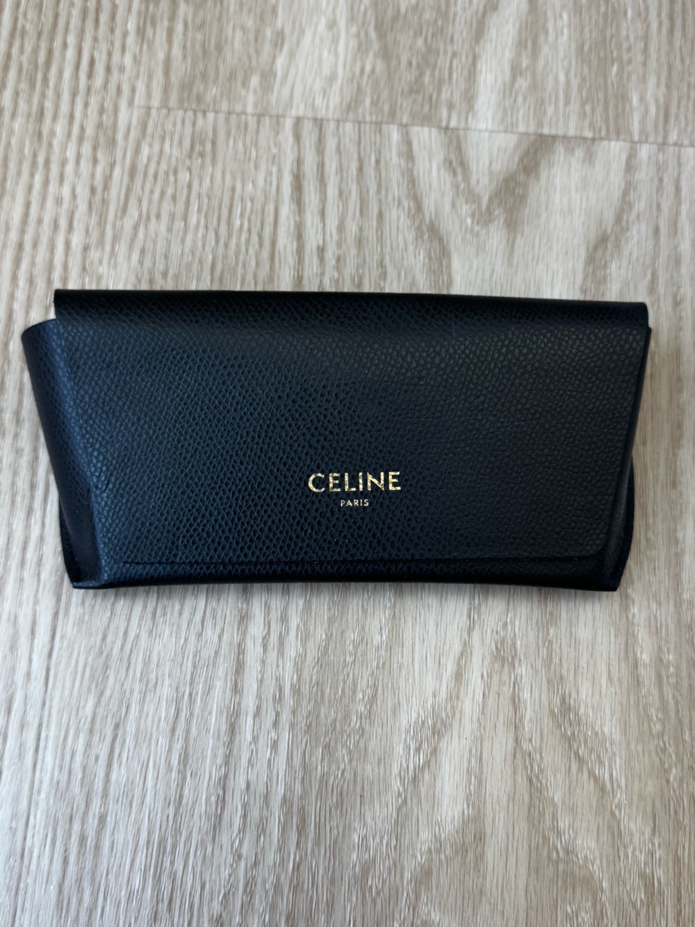 Celine Black Pebbled Leather Sunglass Sleeve with Gold Logo